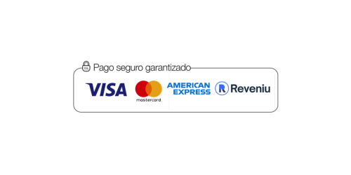 Insignia de pago seguro con Visa, Mastercard, American Express y Reveniu